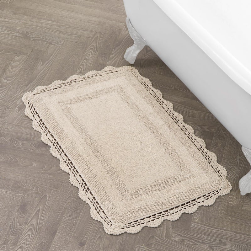 Laura Ashley Absorbent Bath Mat Reversible Crochet Soft and Plush Bathroom Mat 100% Cotton21x34 Bath Rug, Linen - Image 1